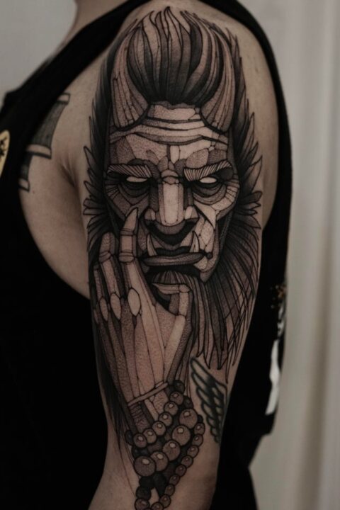 Blackwork demon tattoo done by Max LaCroix at Akara Arts in Milwaukee, WI