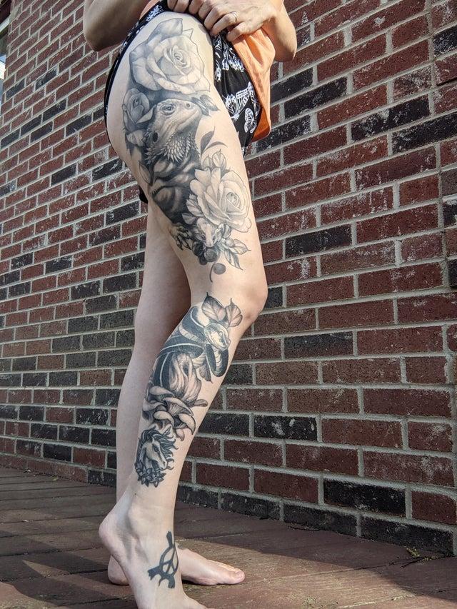 First Part of Leg Sleeve by Anthony at Heron Mark Tattoo, Asheville, NC