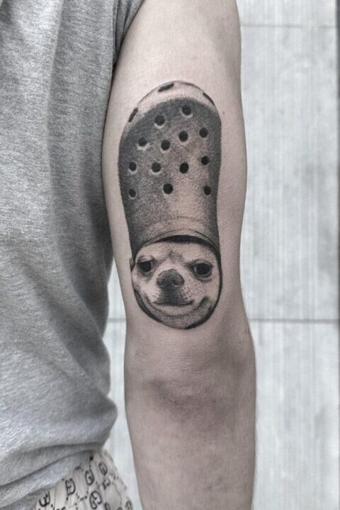 Chihuahua in a croc shoe, by Teubidélice, done at Mue tattoo, Brussels Belgium