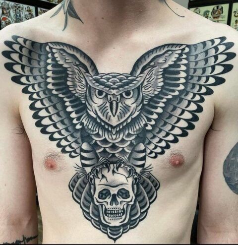 Healed! Owl chest piece by Greg Lahm @ Fortitude Tattoo in Delaware, OH