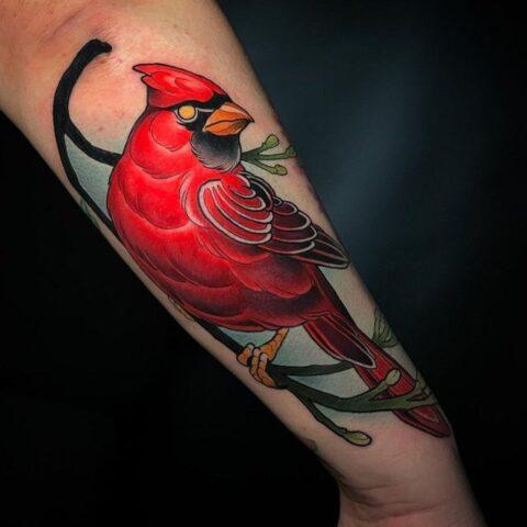 Perched Cardinal by Freddie Brown at Color Theory Tattoo, Lombard, IL