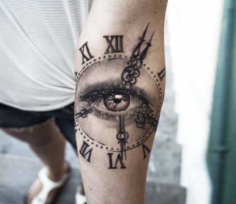Clock with Eye, tattoo art by © Niki Norberg.