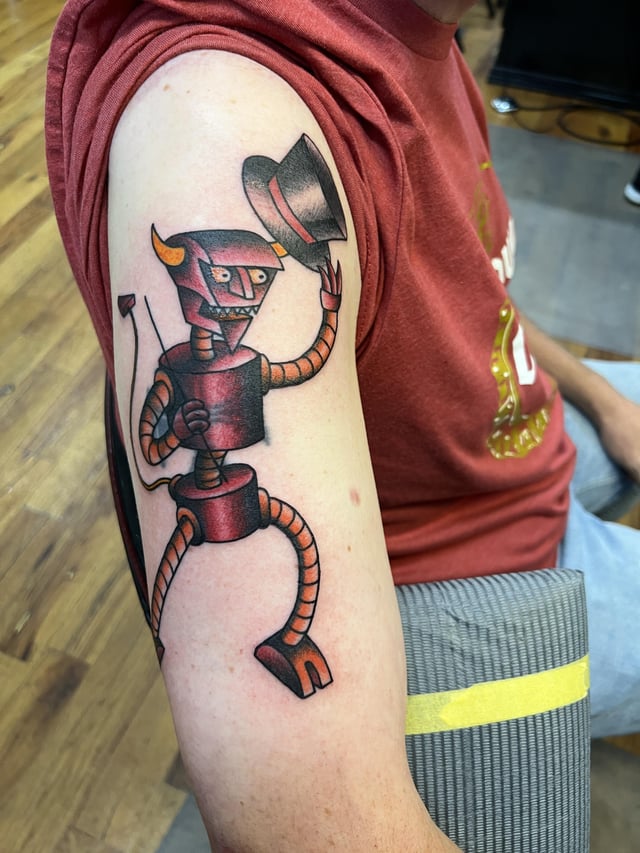 Cover up tattoo: Futurama Robot Devil by Ted at Cardinal Tattoo, Ft. Wayne, IN
