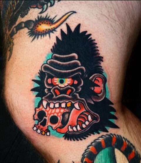 Cyclops Gorilla done by Paul Nycz at Iron Heart Tattoo. Des Moines IA.